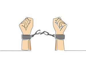 Single continuous line drawing hands free from shackles. Fight against injustice. Restore the dignity of victims. Put up resistance. Sue human rights violators. One line design illustration vector