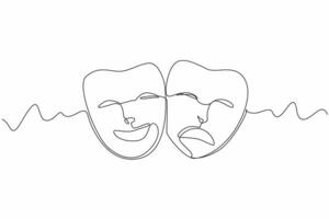 Continuous one line drawing two theater masks. Smiling and angry. On a theatrical stage full of drama. Playing a role to entertain. World Theatre Day. Single line draw design illustration vector