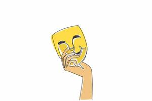 Single continuous line drawing a hand holding a theater mask. Symbol. Icon. Playing a different role from the original character. Entertainment. World Theatre Day. One line design illustration vector
