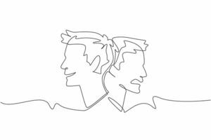 Single one line drawing two heads with different responses. Smiling and angry. Like having multiple personalities. Needs expert help. World Bipolar Day. Continuous line design graphic illustration vector