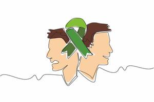 Single continuous line drawing green ribbon in middle of two people with different expressions. Mental disorders. Health disorders. Mood swings. World Bipolar Day. One line design illustration vector