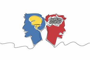 Continuous one line drawing two heads with different emotions. Expression of feelings, depends on what is in the head. Brain as a system. World Bipolar Day. Single line draw design illustration vector