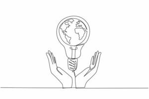 Single continuous line drawing bulb lamp is in the middle of the two open arms. Global movement to care more about the fate of the earth. Electric. Earth Hour Day. One line design illustration vector
