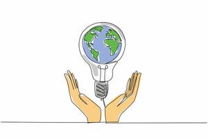 Single continuous line drawing bulb lamp is in the middle of the two open arms. Global movement to care more about the fate of the earth. Electric. Earth Hour Day. One line design illustration vector