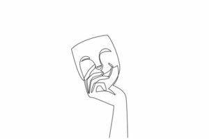 Single continuous line drawing a hand holding a theater mask. Symbol. Icon. Playing a different role from the original character. Entertainment. World Theatre Day. One line design illustration vector