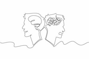 Continuous one line drawing two heads with different emotions. Expression of feelings, depends on what is in the head. Brain as a system. World Bipolar Day. Single line draw design illustration vector