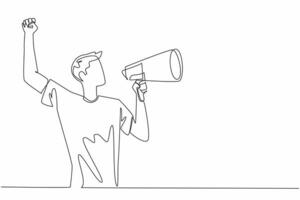 Continuous one line drawing man in casual clothes giving speech holding megaphone. Raising spirits. Dare to fight injustice. Symbol of resistance. Rights. Single line draw design illustration vector