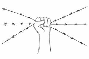 Single continuous line drawing hands holding barbed wire. It's gone beyond the limit. Move to fight. Demand the equality. Strong and just. Restoring the dignity. One line design illustration vector