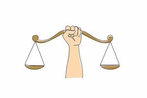 Continuous one line drawing hands gripping the center of the scale. Demanding a sense of justice. Social justice is a right for all people. Balance. Equal. Single line draw design illustration vector