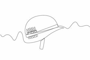 Single one line drawing an army helmet with bullet stock attached to the helmet. Be prepared. Battlefield can happen suddenly. Vietnam War Veterans Day. Continuous line design graphic illustration vector
