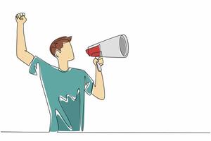 Continuous one line drawing man in casual clothes giving speech holding megaphone. Raising spirits. Dare to fight injustice. Symbol of resistance. Rights. Single line draw design illustration vector