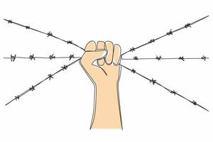 Single continuous line drawing hands holding barbed wire. It's gone beyond the limit. Move to fight. Demand the equality. Strong and just. Restoring the dignity. One line design illustration vector