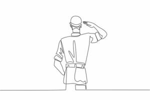 Single one line drawing rear view of soldier saluting wearing helmet, one hand clenched. Military service and dedication to duty. Vietnam War Veterans Day. Continuous line design graphic illustration vector