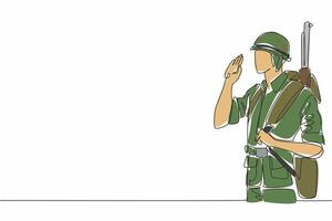 Continuous one line drawing soldiers salute while wearing helmets and carrying weapons. Respect the orders of superiors. Battle. Vietnam War Veterans Day. Single line draw design illustration vector