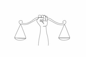 Continuous one line drawing hands gripping the center of the scale. Demanding a sense of justice. Social justice is a right for all people. Balance. Equal. Single line draw design illustration vector