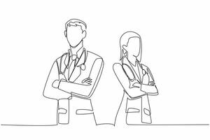 Continuous one line drawing male and female doctors pose with crossed arms with stethoscopes around necks. 24 hours standby. The national of doctor day. Single line draw design illustration vector