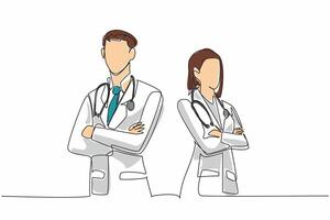 Continuous one line drawing male and female doctors pose with crossed arms with stethoscopes around necks. 24 hours standby. The national of doctor day. Single line draw design illustration vector