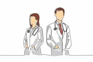 Continuous one line drawing male and female doctors put their hands in their uniform coat pockets. Serve with heart. Sincere. The national of doctor day. Single line draw design illustration vector