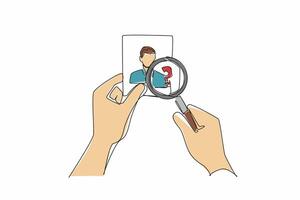 Continuous one line drawing hand pointing magnifier at silhouette image of person. Massive searches conducted. Searching for staff members suddenly missing. Single line draw design illustration vector