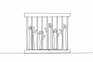 Continuous one line drawing five hands raised in cage. Slave trade that violates basic human rights. The cruelty of slavery. Urgently released. Dark times. Single line draw design illustration vector