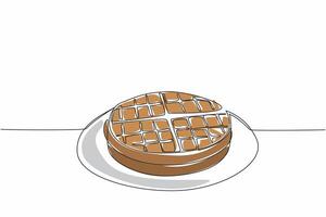 Single one line drawing waffle on a round plate. The first layer of waffle. Decorating the food and adding toppings. Pleasure. International Waffle Day. Continuous line design graphic illustration vector