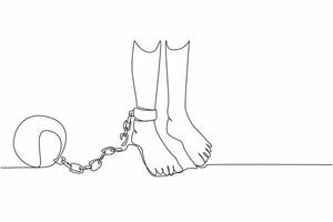 Single continuous line drawing feet shackled by metal prison ball chains whose chains are broken. Bitter memories of dark times. Human rights are not fulfilled. One line design illustration vector