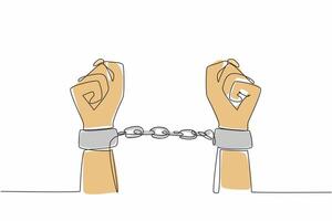 Single one line drawing two clenched hands chained together. The tragedy of slavery must not be repeated. Destroys the basic right to live in peace. Symbol. Continuous line design graphic illustration vector