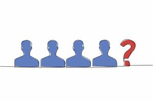 Single continuous line drawing four silhouettes of people and one question mark. Missing staff. Missing member. Missing family. Disappeared and not yet found. One line design illustration vector
