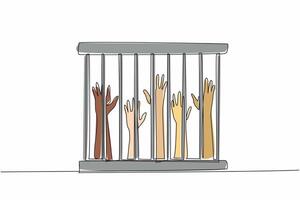 Continuous one line drawing five hands raised in cage. Slave trade that violates basic human rights. The cruelty of slavery. Urgently released. Dark times. Single line draw design illustration vector