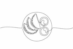 Continuous one line drawing three tacos served with two bowls of sauce on a round plate. Chili sauce. Mayonnaise. Addictive. National Crunchy Taco Day. Single line draw design illustration vector