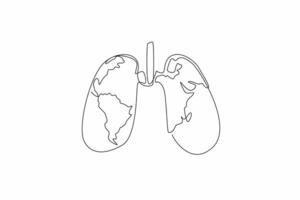 Single one line drawing lungs with a world map in the middle. Awareness must be raised in the world community. Maintain lung health. World Tuberculosis Day. Continuous line design graphic illustration vector