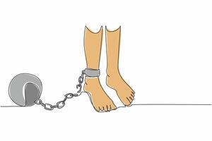 Single continuous line drawing feet shackled by metal prison ball chains whose chains are broken. Bitter memories of dark times. Human rights are not fulfilled. One line design illustration vector