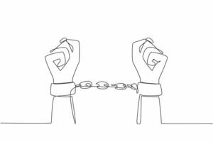 Single one line drawing two clenched hands chained together. The tragedy of slavery must not be repeated. Destroys the basic right to live in peace. Symbol. Continuous line design graphic illustration vector
