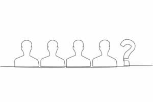 Single continuous line drawing four silhouettes of people and one question mark. Missing staff. Missing member. Missing family. Disappeared and not yet found. One line design illustration vector