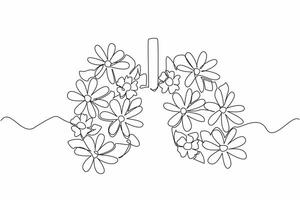 Continuous one line drawing lungs with flowers and leaves in the middle. Love the lung health like caring for flowers in a garden. World Tuberculosis Day. Single line draw design illustration vector