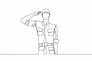Single continuous line drawing soldiers salute while wearing helmets. Dedication of a soldier. Sacrifice of a soldier. Defending a nation. Vietnam War Veterans Day. One line design illustration vector