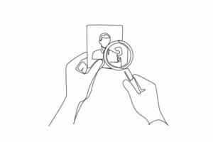 Continuous one line drawing hand pointing magnifier at silhouette image of person. Massive searches conducted. Searching for staff members suddenly missing. Single line draw design illustration vector