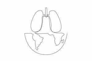 Single continuous line drawing half globe with lungs on top. Poster. Banner. Campaign. Don't let it spread. Love your family. Pneumonia. World Tuberculosis Day. One line design illustration vector