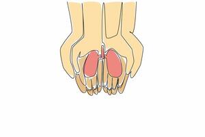 Single continuous line drawing two palms of a child and an adult stacked with lungs on top. Care for the lung health from an early age. World Tuberculosis Day. One line design illustration vector