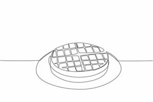 Single one line drawing waffle on a round plate. The first layer of waffle. Decorating the food and adding toppings. Pleasure. International Waffle Day. Continuous line design graphic illustration vector