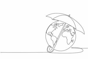 Single continuous line drawing part of the globe is covered by an umbrella. Take shelter with umbrella whether it is raining or hot. Tech. World Meteorological Day. One line design illustration vector