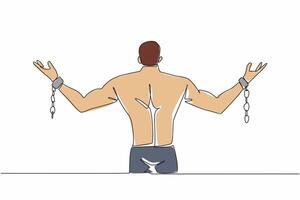 Single one line drawing a muscular man spreads his arms which are bound with broken chains. Free. Independent. Escape. Inhumane slavery. Bondage. Rights. Continuous line design graphic illustration vector