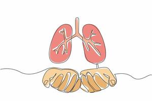 Continuous one line drawing two open palms with lungs on top. Do the best to protect lung health. Breath lighter and healthier. World Tuberculosis Day. Single line draw design illustration vector