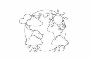 Single one line drawing globe with various weather prediction icons. The north is in summer. The south entering the rainy season. World Meteorological Day. Continuous line design graphic illustration vector
