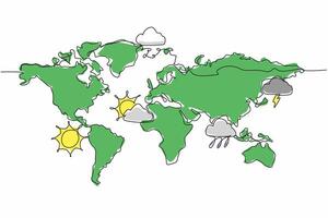 Single one line drawing world map in various regions with many weather prediction icons. Meteorologists predict for next few days. World Meteorological Day. Continuous line design graphic illustration vector