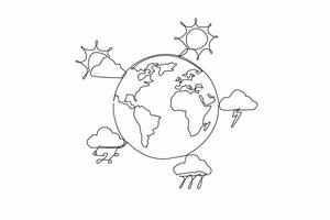 Continuous one line drawing globe surround by five weather forecast icons. Monitoring. Preparation before outdoor activities. World Meteorological Day. Single line draw design illustration vector