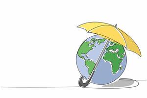Single continuous line drawing part of the globe is covered by an umbrella. Take shelter with umbrella whether it is raining or hot. Tech. World Meteorological Day. One line design illustration vector