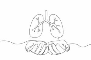 Continuous one line drawing two open palms with lungs on top. Do the best to protect lung health. Breath lighter and healthier. World Tuberculosis Day. Single line draw design illustration vector