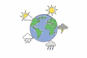 Continuous one line drawing globe surround by five weather forecast icons. Monitoring. Preparation before outdoor activities. World Meteorological Day. Single line draw design illustration vector
