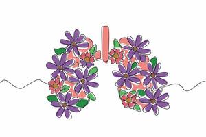 Continuous one line drawing lungs with flowers and leaves in the middle. Love the lung health like caring for flowers in a garden. World Tuberculosis Day. Single line draw design illustration vector